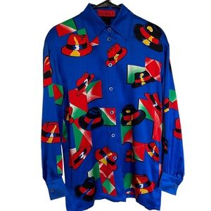 80s Vintage ESCADA Margaretha Ley Top Hat Novelty Abstract Print Silk Blouse